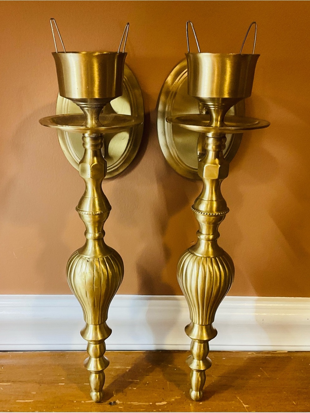 2 Set Vintage/MCM Brass Wall Sconces Candle Holder Heavy 12” Length No Shades